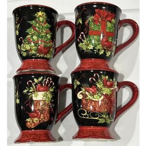 NWT Set of 4 Christmas Cardinal Ceramic Holiday Mugs Red Birds Stocking Tree